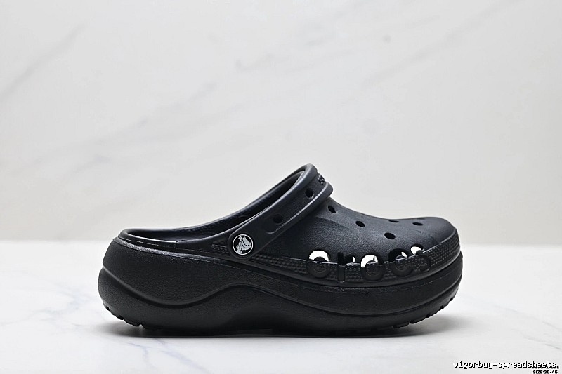 Black thick - soled Crocs clogs.