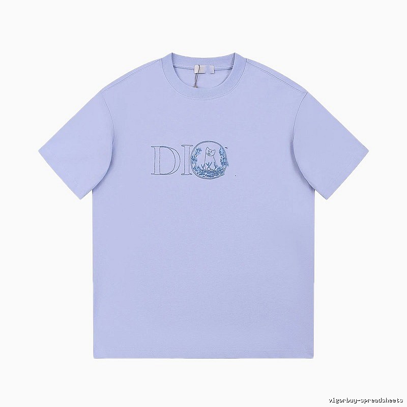 Dior Cat-Embroidered Casual Light Purple Short-sleeve T-Shirt
