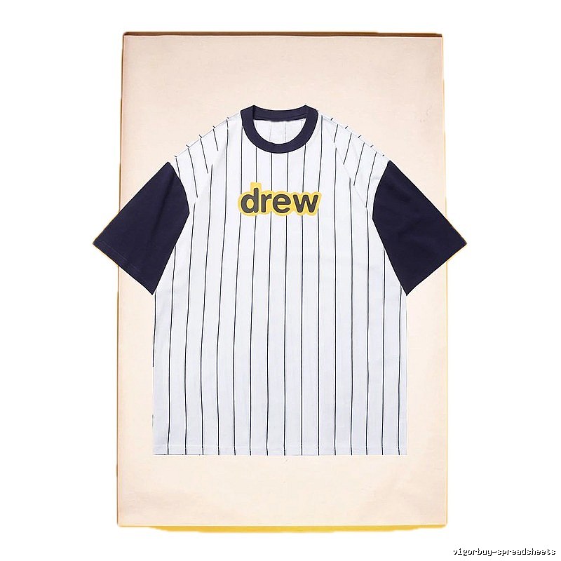 DREW Letter Print Street Style White and Navy Blue Short Sleeve T-Shirt