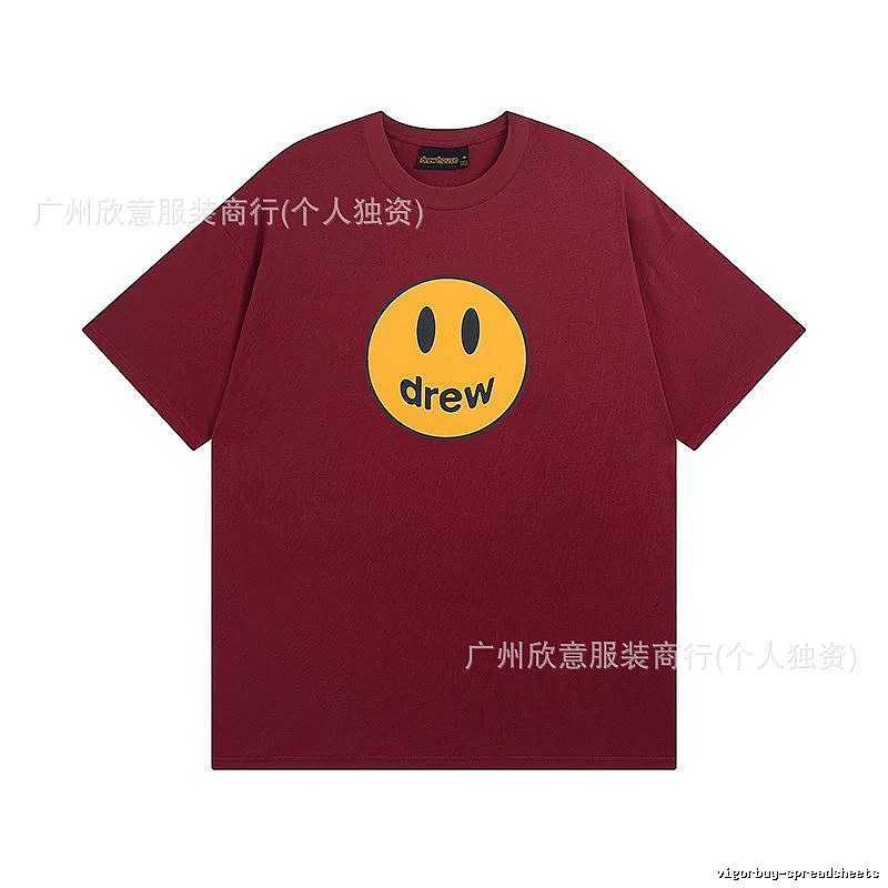 DREW Smiley Face Streetwear Style Burgundy Short Sleeve T-Shirt