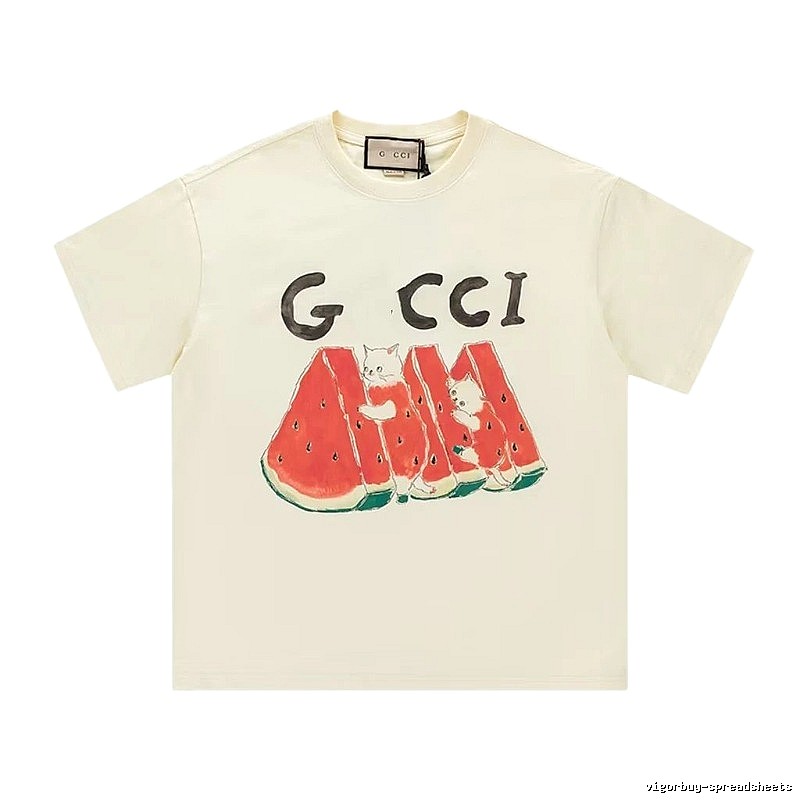 Gucci Cat and Watermelon Printed Off-white Casual T-Shirt