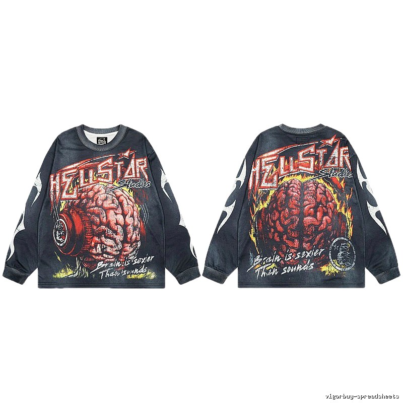 Hellstar Brain Print Street Style Charcoal Black Long-Sleeve T-Shirt