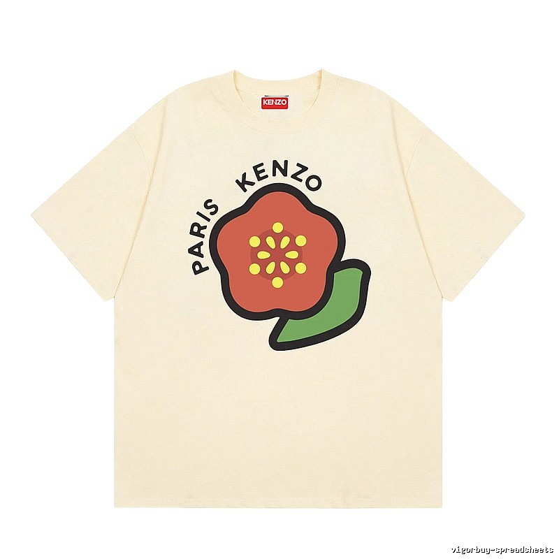 KENZO Begonia Print Casual Style Beige Short Sleeve T-Shirt