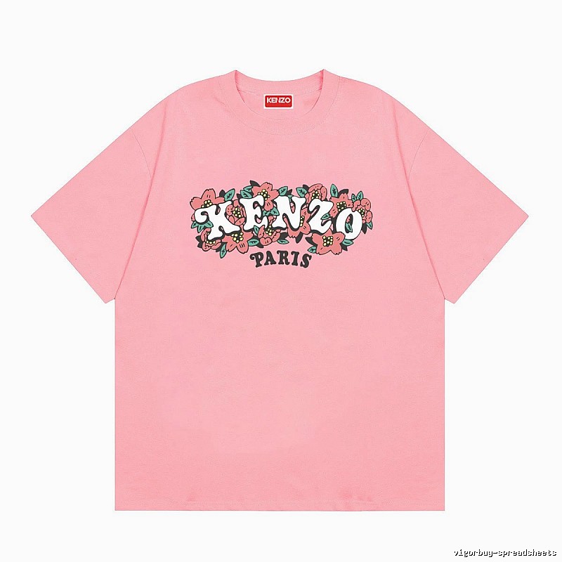 KENZO Trendy Pink Floral Print Short Sleeve T-shirt