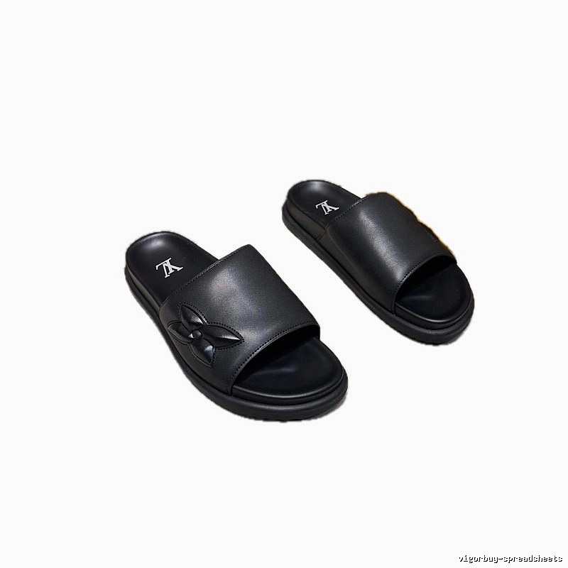 Louis Vuitton Classic Embossed Minimalist Style Black Slide Sandals