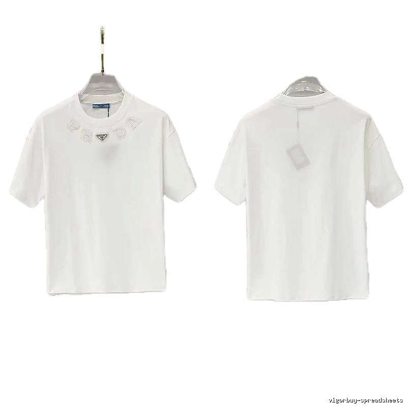 Prada Embroidered Minimalist Style White Short-sleeved T-shirt