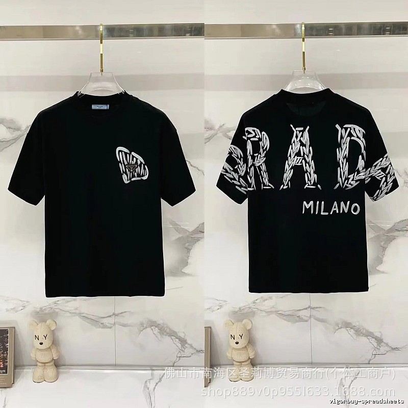 Prada Embroidered Streetwear Style Black Short-sleeve T-shirt
